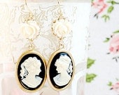 Black Cameo and Rose Dangle Earrings