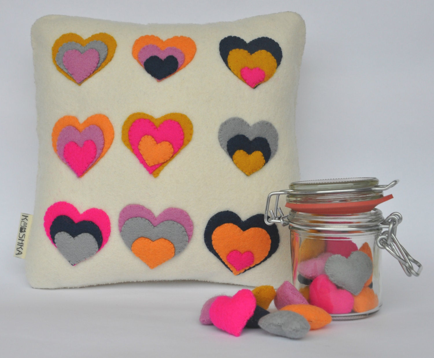 Modern Cushion Wool Felt Hearts cream neon pink orange grey navy lilac