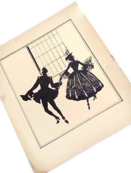 Vintage Pen and Ink Illustration Silhouette Man and Woman - WeeLambieVintage