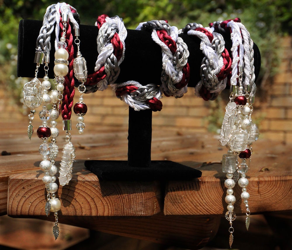 Handfasting cord in silver, white and burgundy satin, with pearls, swarovski crystals, wire wrapped beads and quartz