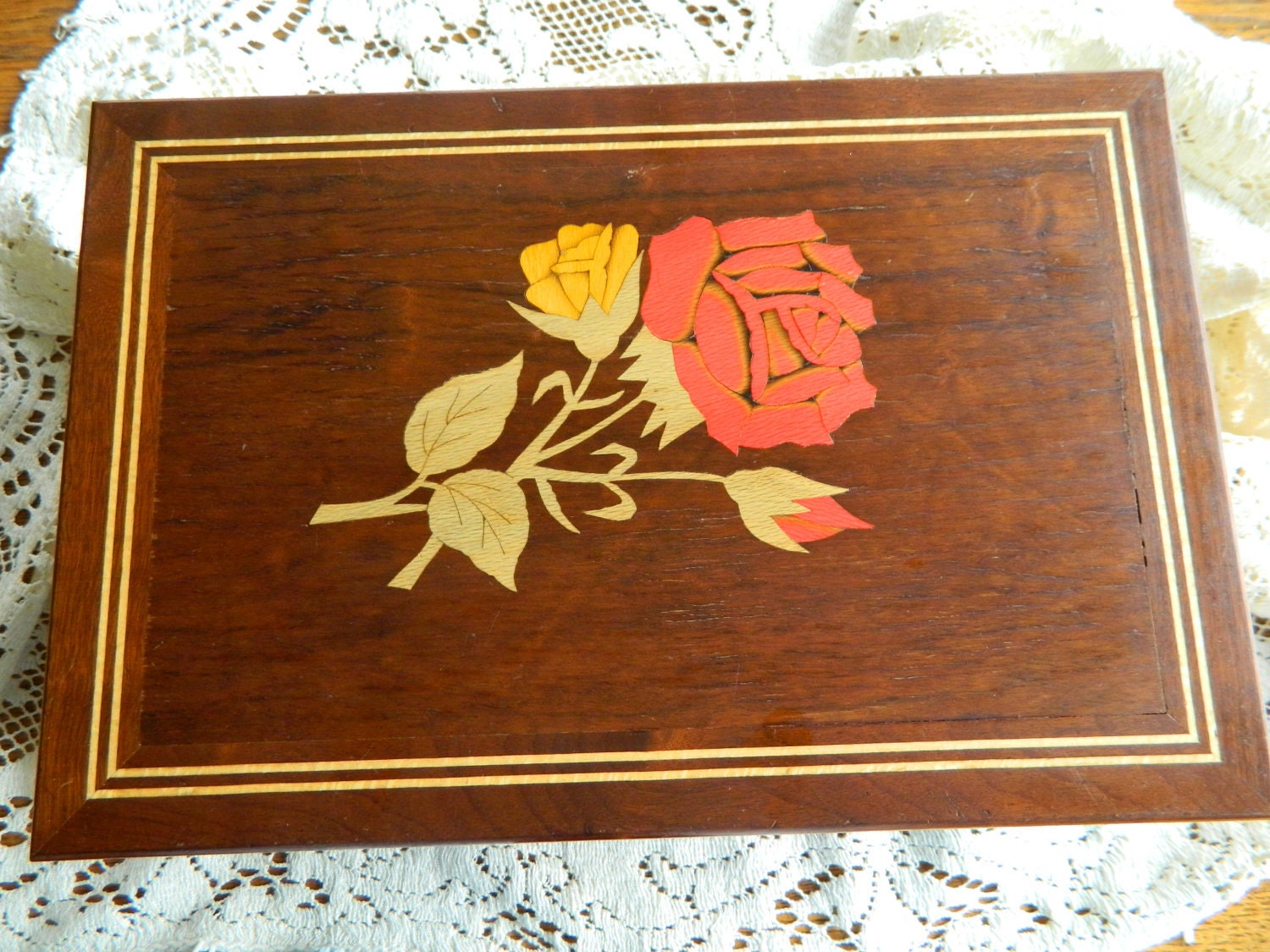 Vintage Inlaid Brazilian Wood Jewelry Box Rose Motif by 19piglet64