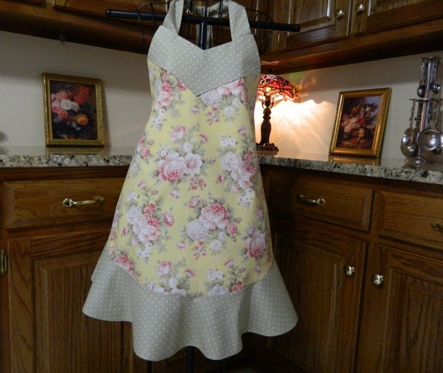 Yellow with flowers with Green Polka dots - Easter Apron