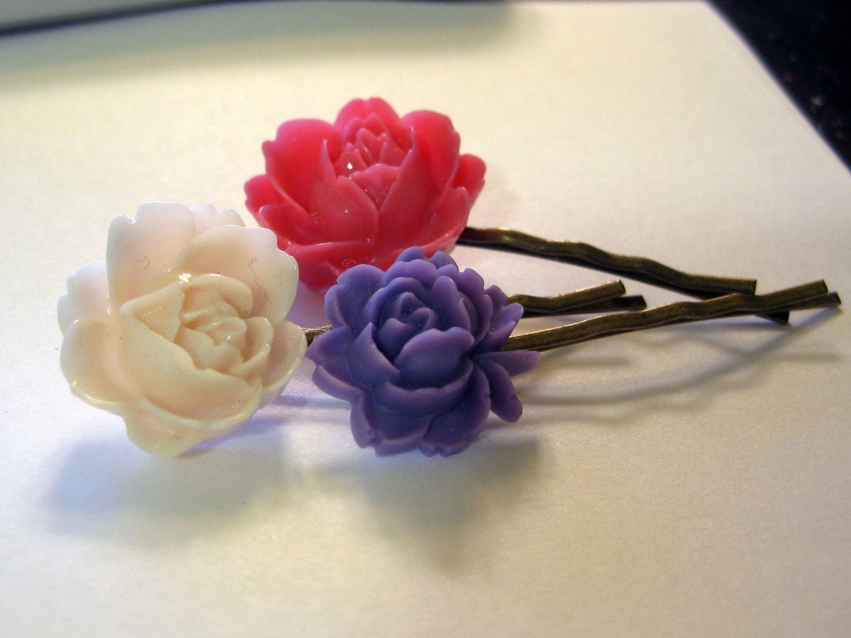 Bobby Hair Pins resin flower peony  (set of 3)
