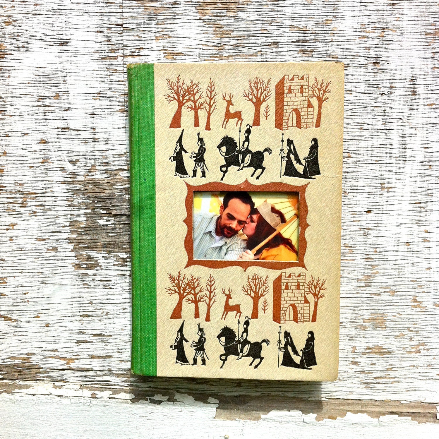vintage book picture frame. READABLE vintage book as unique photo frame. green, black, brown, adventure. The Black Arrow, 1954.