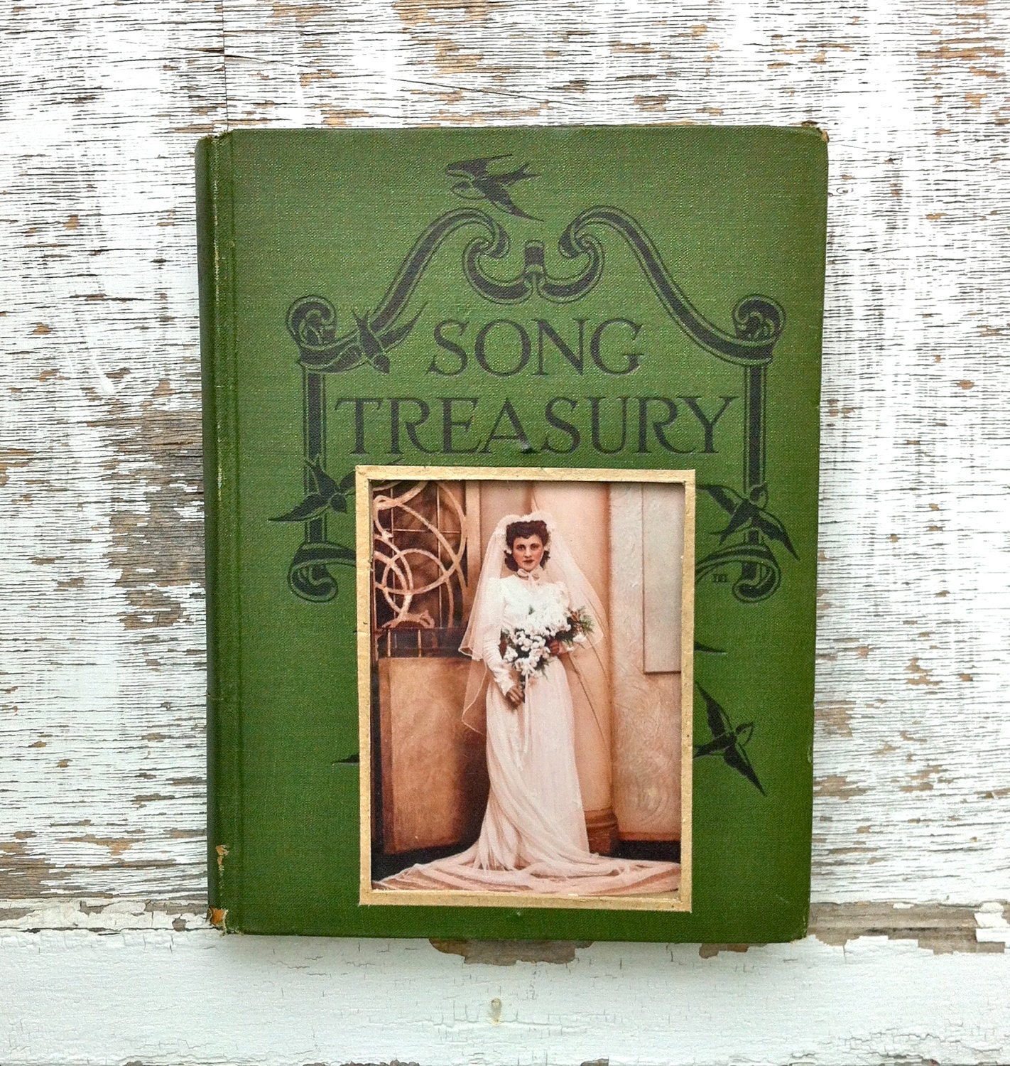 vintage book picture frame. READABLE vintage book as unique photo frame. emerald army green. Song Treasury, 1926.