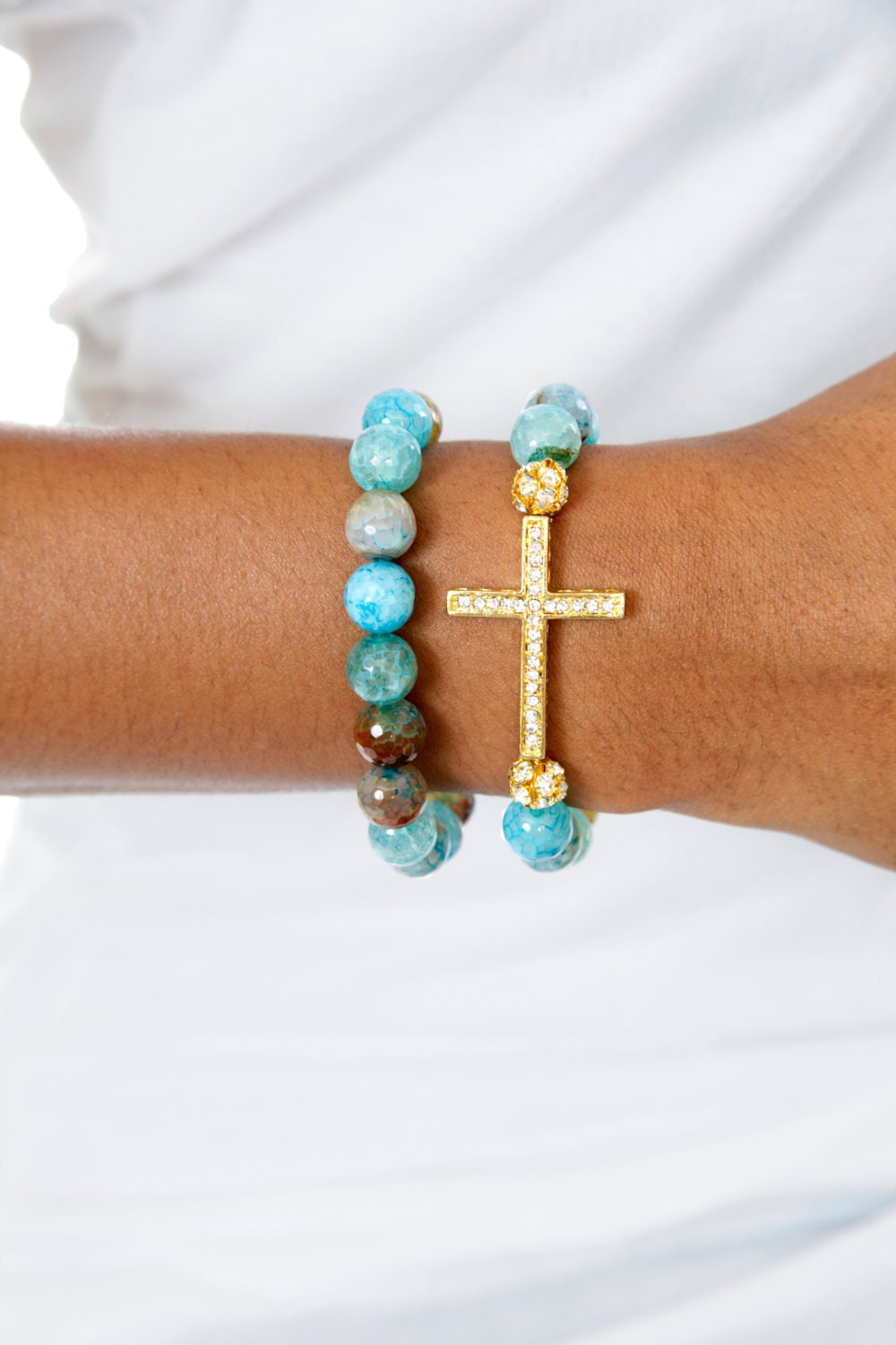 Beaded Bracelet Gold Plated Sideways Cross Beaded Bracelet