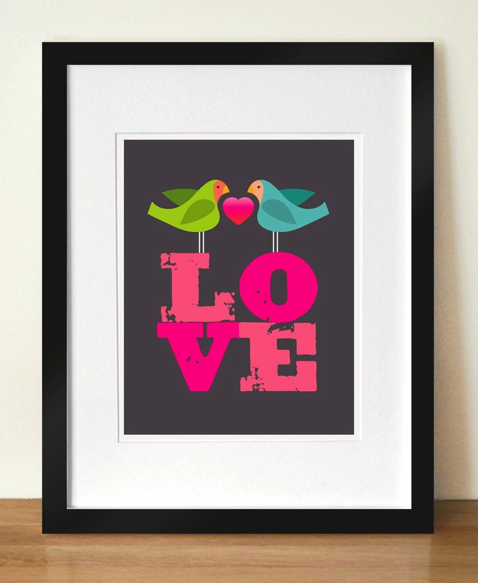 LOVEBIRDS, Mid century poster print, Valentine's, A3 giclée print