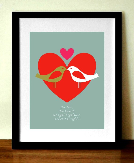 Mid century Modern Valentines Print ONE LOVE by visualphilosophy