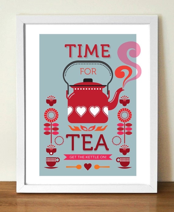 Tea print, Mid century poster, Time for Tea, Retro Kitchen Art, A3