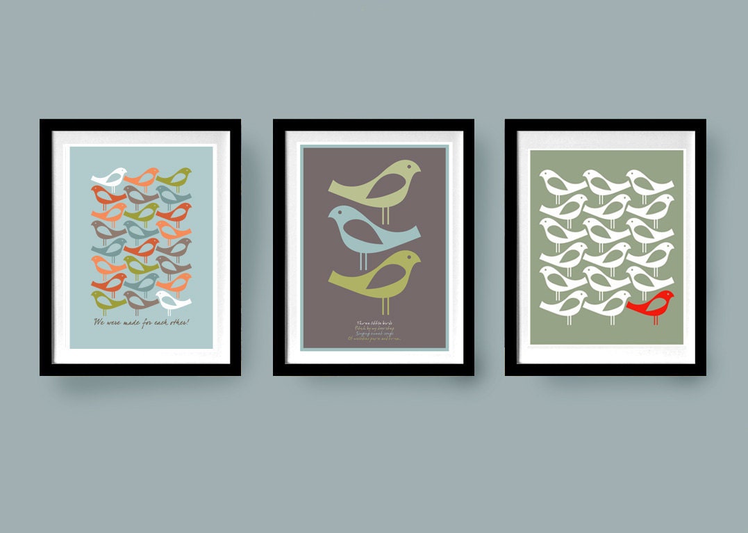 Set of three, Mid century Birds Poster Prints, 8 x 10 (A4) Artists giclee prints