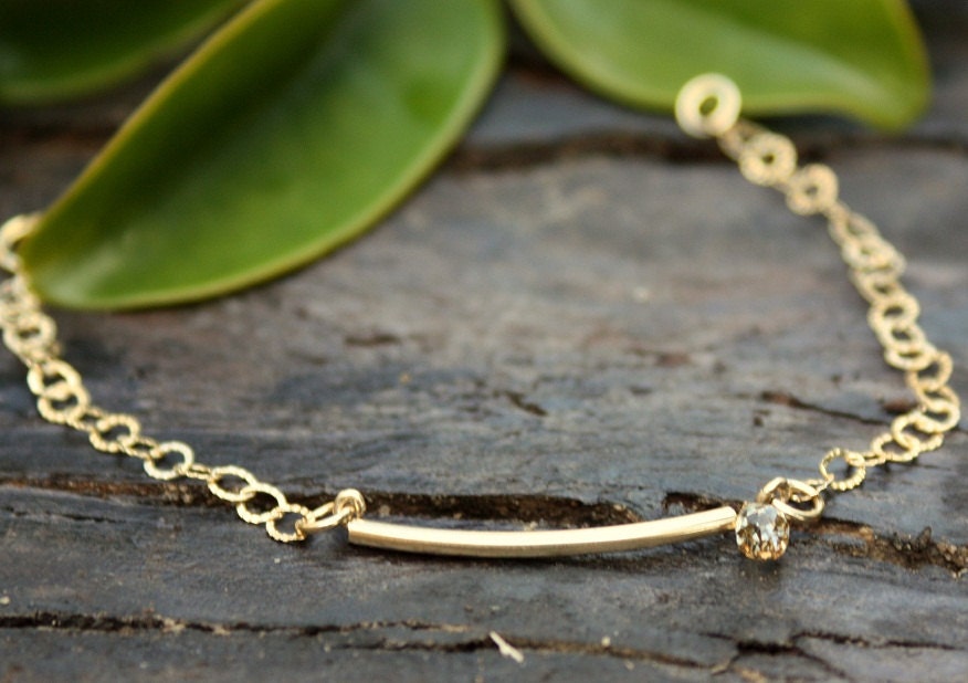 Gold  Bracelet -  Gold curve and swarovski crystal bracelet - 14k gold bar arc tube -  modern minimalist jewelry, bracelet gold
