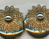 Vintage Signed CORO Disc / Floral Design Earrings in Gold toned Metal Estimated Early 1950's.