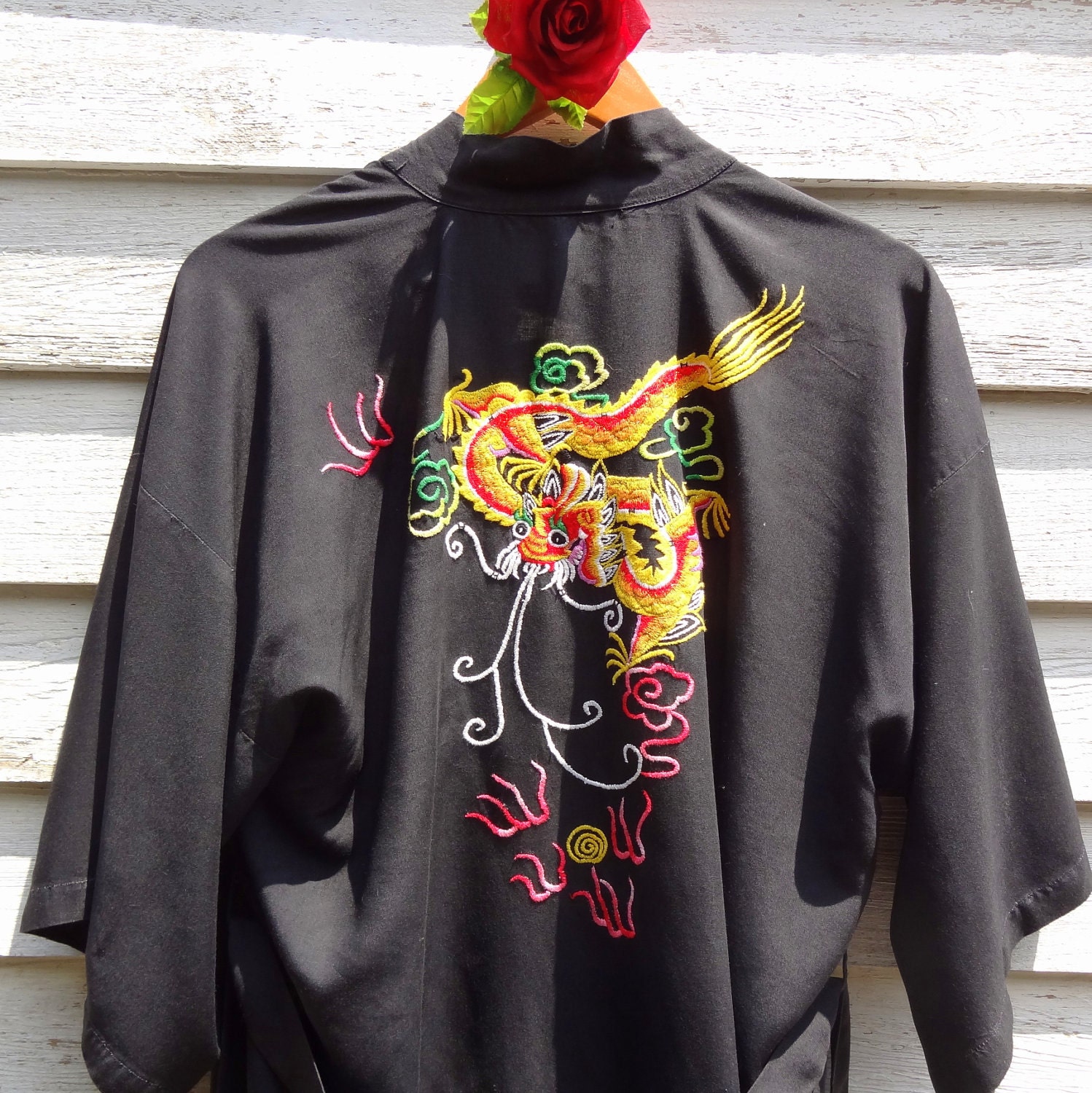 Vintage Black Dragon Short Kimono Robe/Housecoat