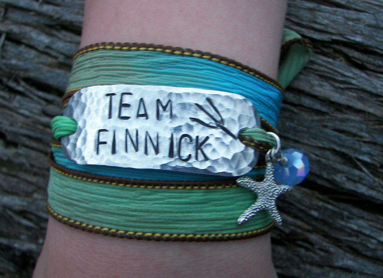 The Hunger Games Inspired Bracelet Wrap TEAM FINNICK Hand Stamped with Sand and Sea Silk Ribbon Wrap