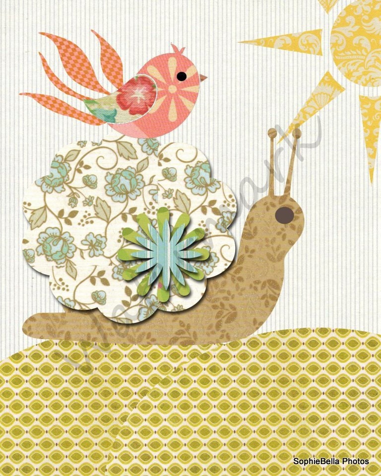 Nursery Art print, Snail and friend 8x10