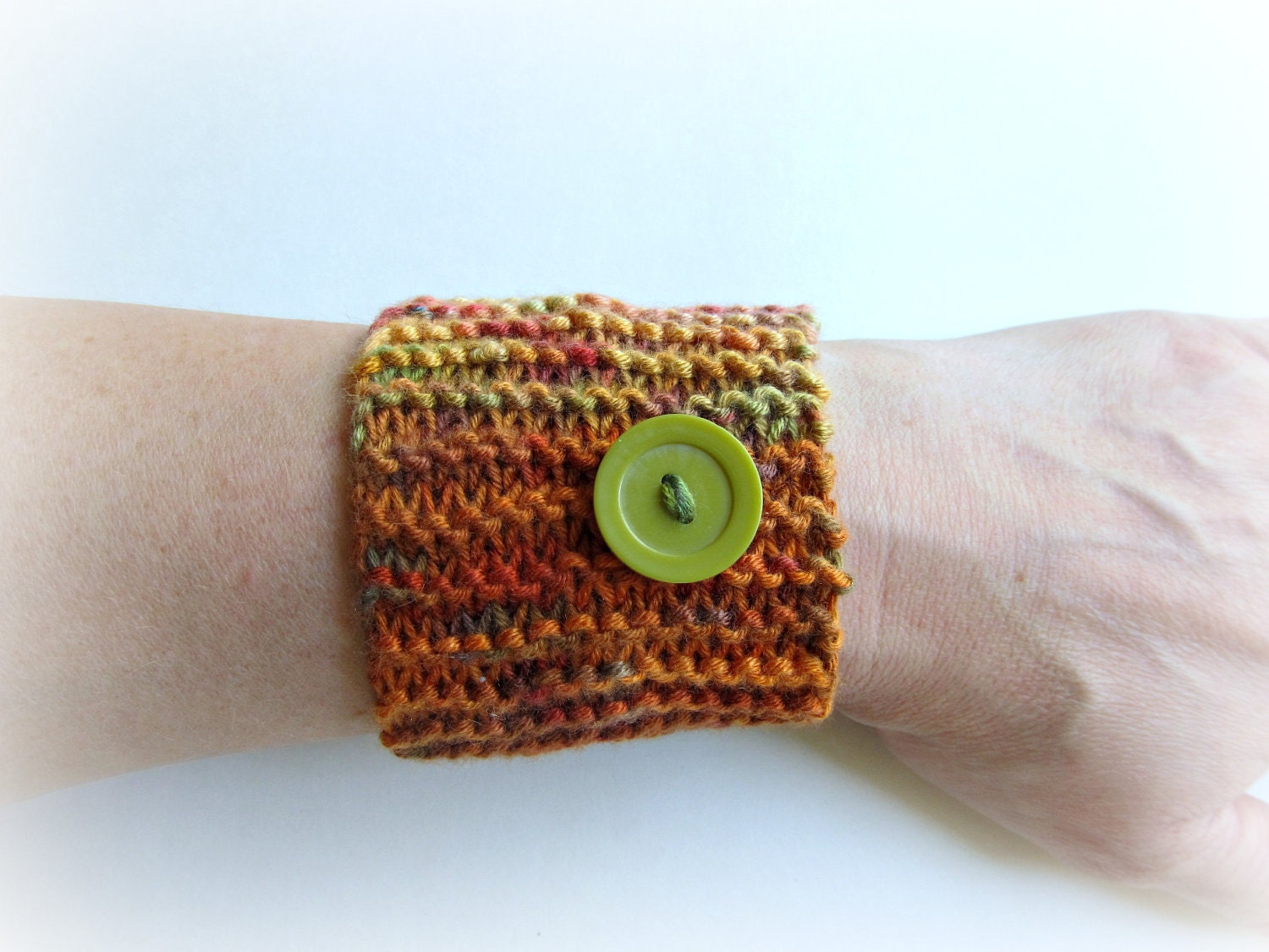 Crocheted Bracelet-Wide Cuff-Orange with Green Button