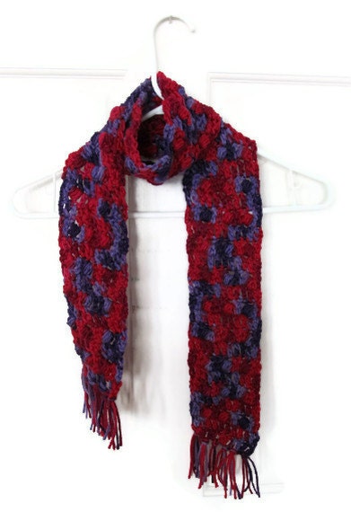 Crocheted Scarf-Reds & Purple-Soft Acrylic