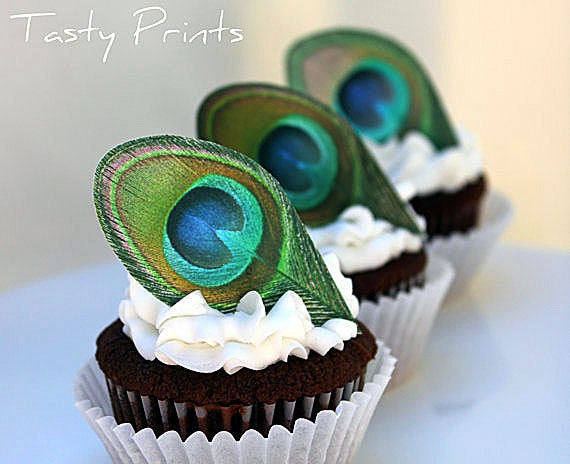 EDIBLE Peacock Feather - Classic - 12 Edible Images for Cakes, Cupcakes and Cookies Il_570xn