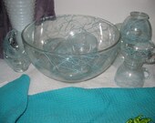 Vintage Glass Punch bowl set, blue spaghetti string pattern, with 10 cups STUNNING