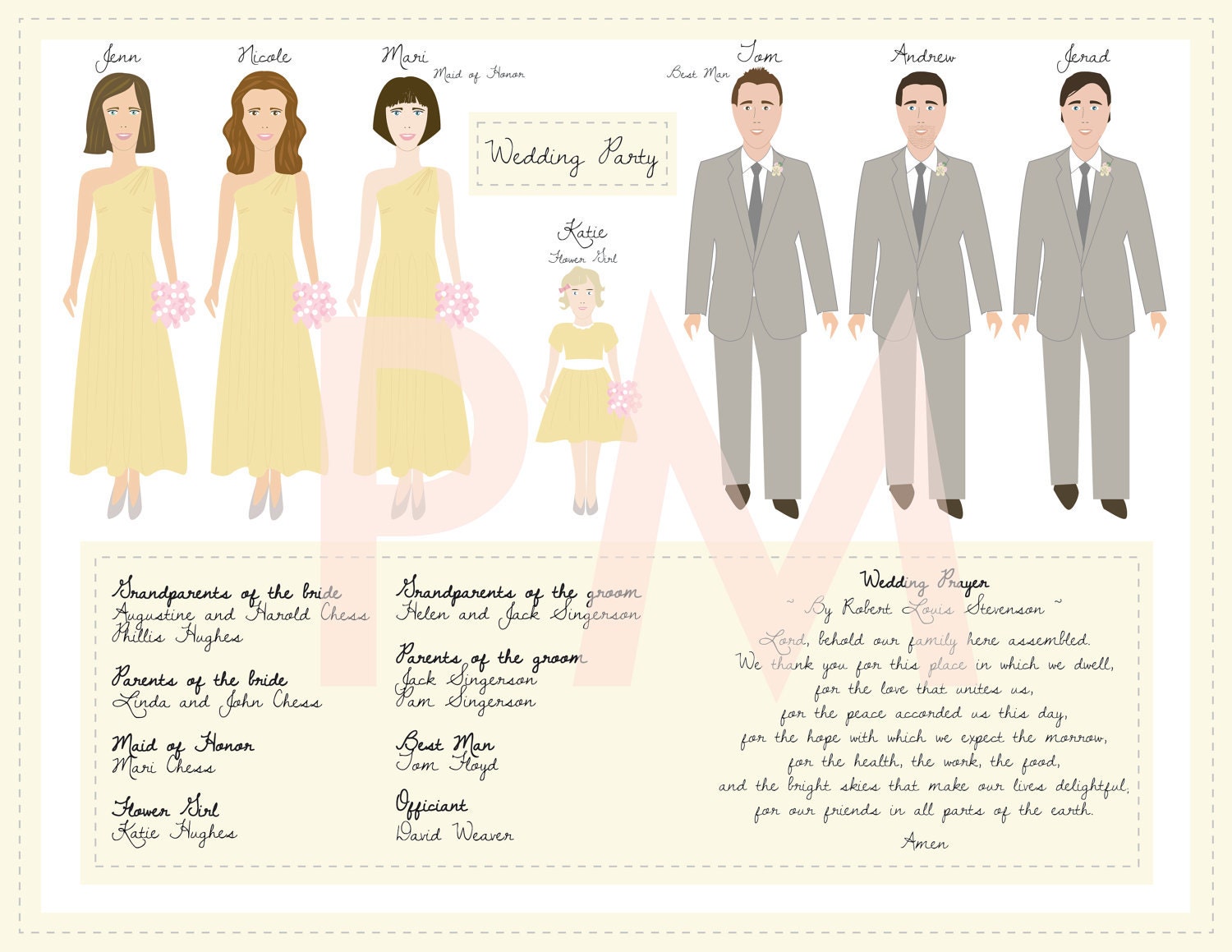 Custom Wedding Program- Wedding Party Illustrations - Vintage
