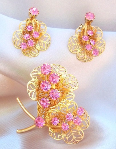 Pink Rhinestone Brooch and Earring Set by Judy Lee