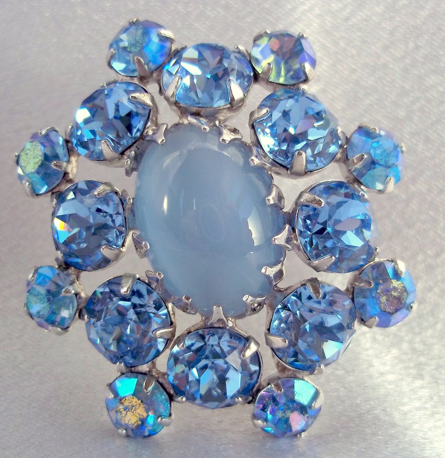 Blue Moonstone and Rhinestone Brooch