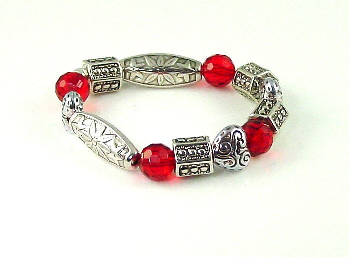 Handmade Stretch Bracelet with Red Acrylic Beads and Bali Style Beads