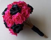 Punk Rock Bride: Hot Pink and Black Ribbon Rose Bouquet