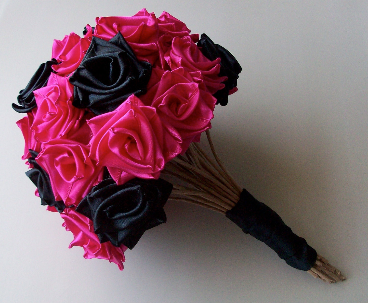 Punk Rock Bride: Hot Pink and Black Ribbon Rose Bouquet