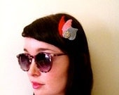 Pretty Red, Pink and Soft Grey Felt Feather Hair Clip  with vintage button