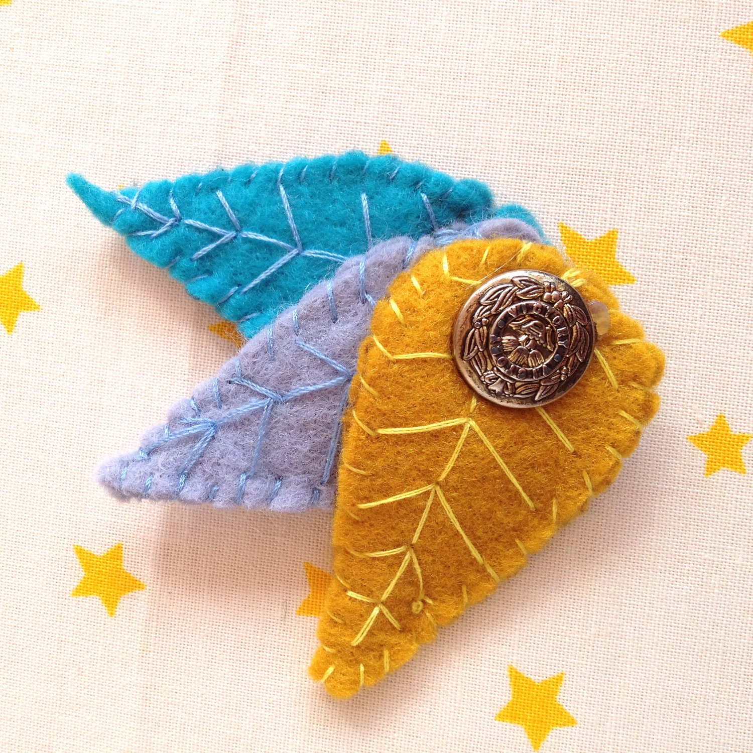 Cute Mustard Yellow and Teal Felt Feather Hair Clip  with vintage button