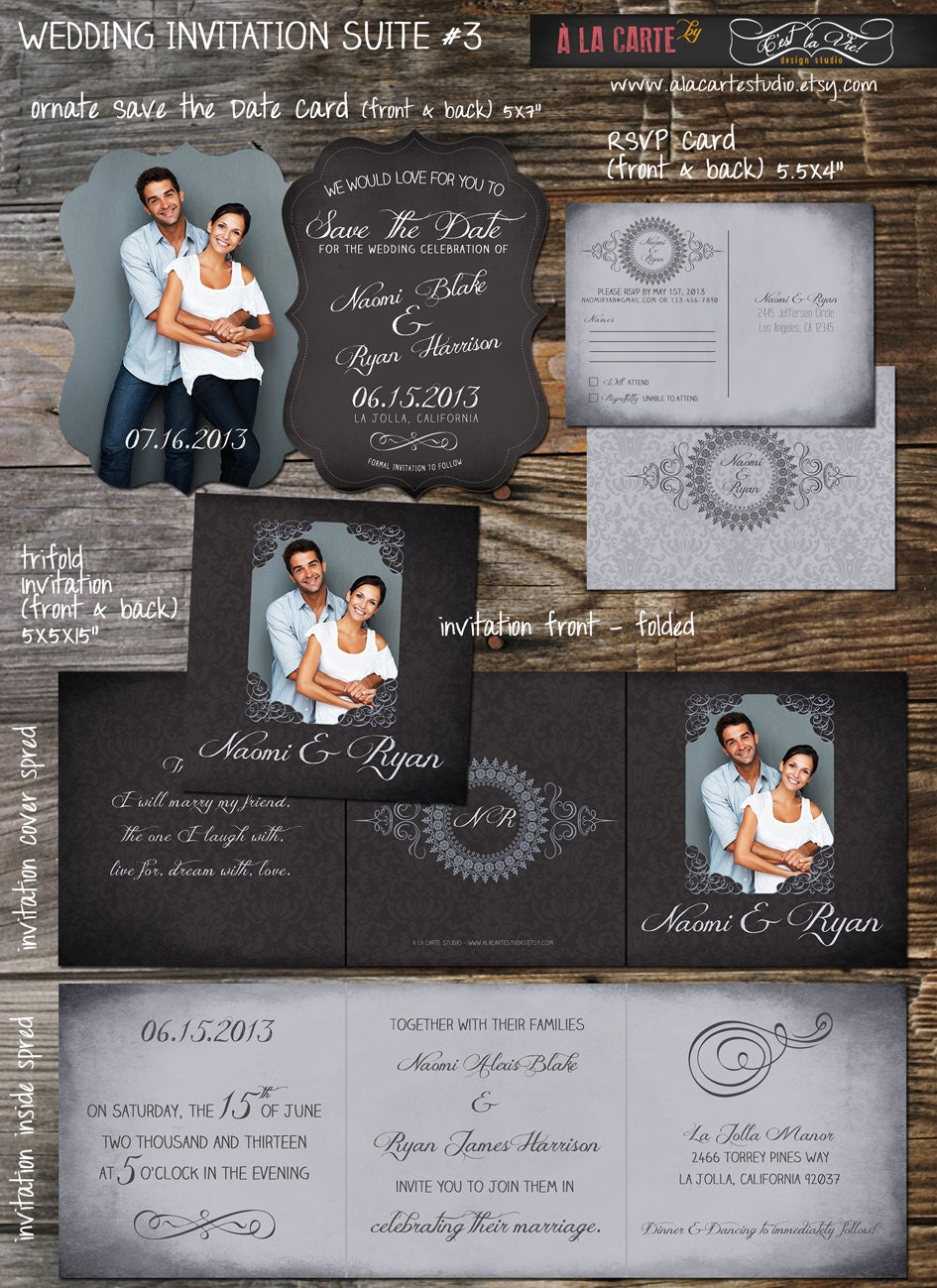 Tri folded Chalkboard Damask - Save the Date & Wedding Invitation Suite - RSVP Card - Complete Wedding Suite