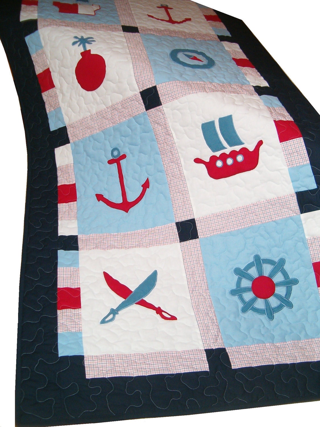 NAUTICAL Quilt -  Patchwork Pirate Quilt - Ship's Bedding into Children's Room -  HET - blue,red,white -