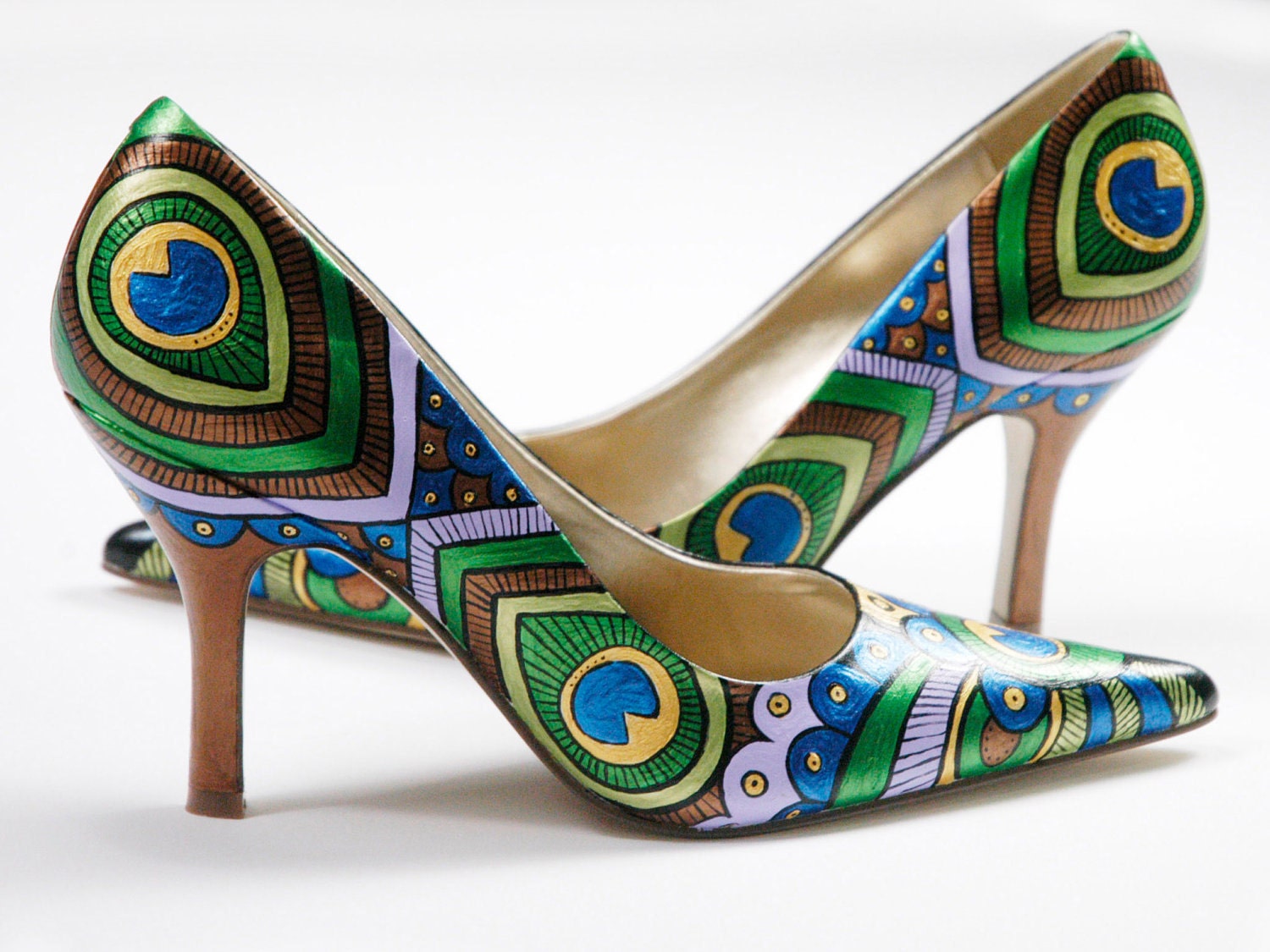 Hand painted Shoes- Peacock Lady Pumps- Peacock painted heels