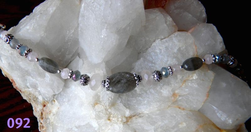 Labradorite, Rose Quartz, Crystals, and Pewter Bracelet