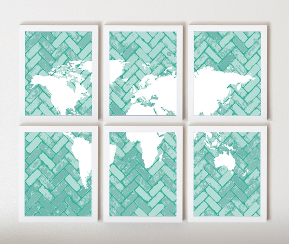 World Map on Chevron In Light Teal & White in 6 Pieces