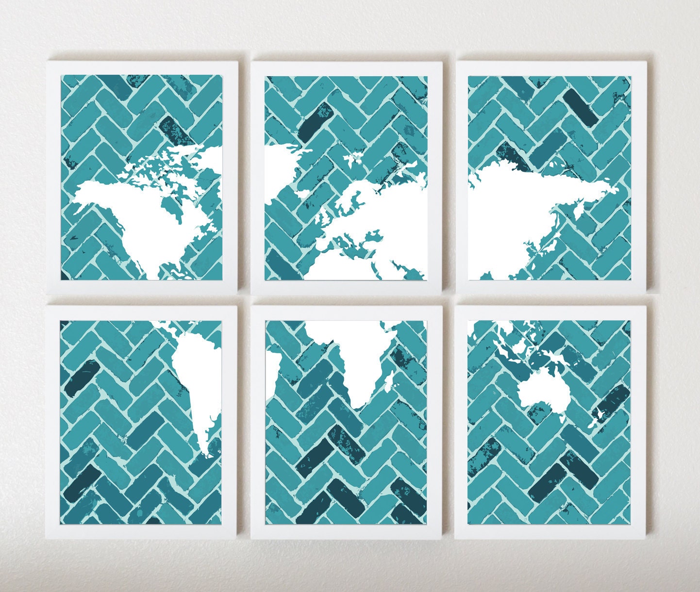 World Map on Chevron In Dark Teal & White in 6 Pieces