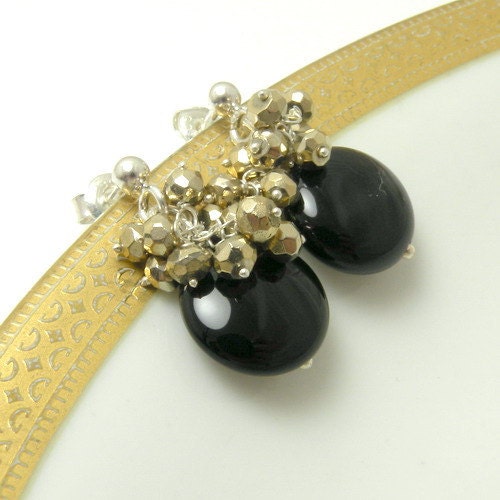 Sterling and fine silver earrings with black onys and gold pyrites - natural stone