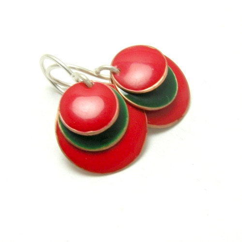 Colorful Circles - enamel earrings -green and red
