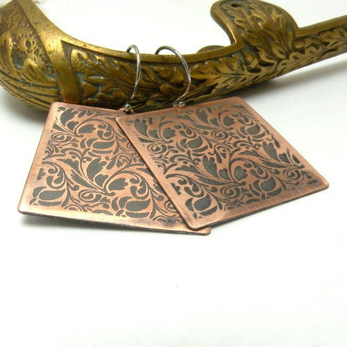 Etched rustic earrings , copper sterling silver earrings , ornament earrings