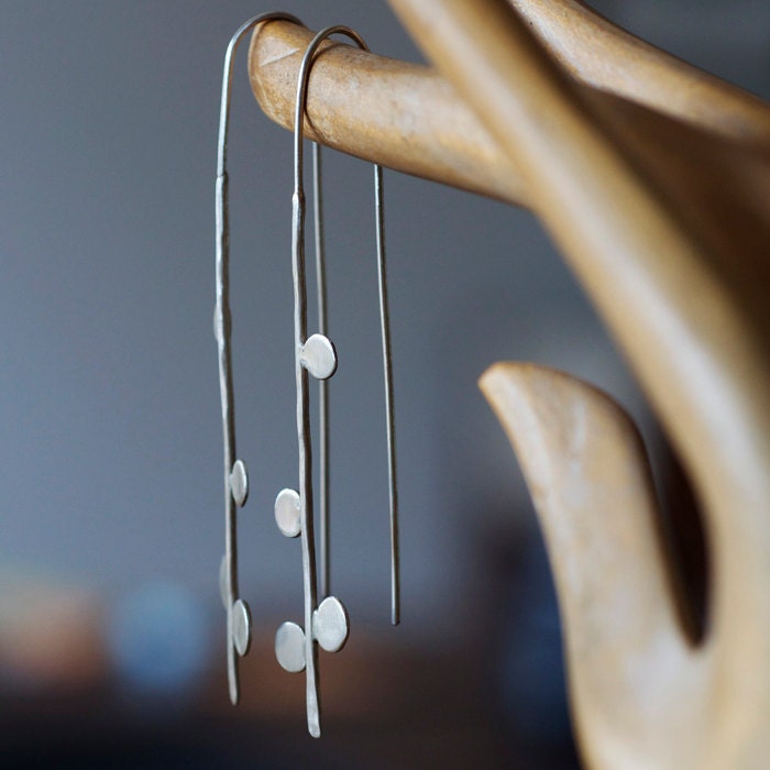 Long thread earrings with small dots. Recycled sterling silver