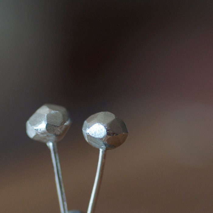 Faceted nugget studs. Recycled sterling silver