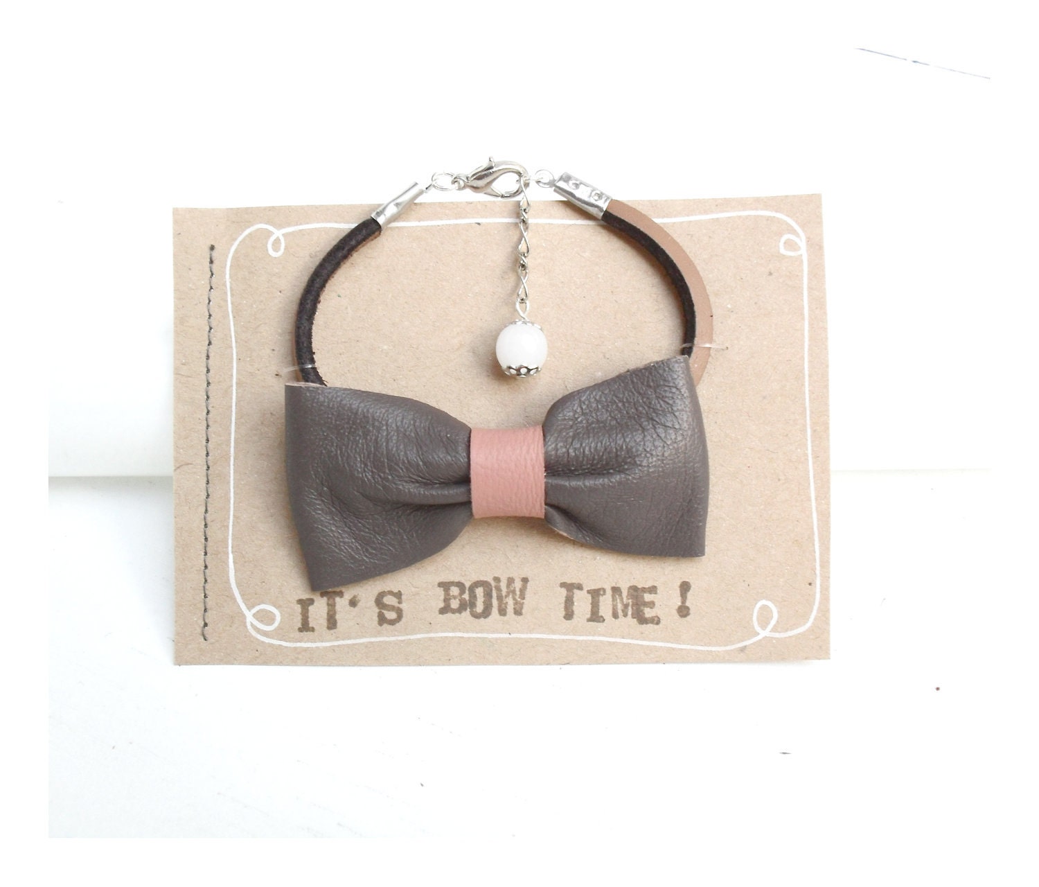 Brown bow bracelet with soft pink detail- Adjustable