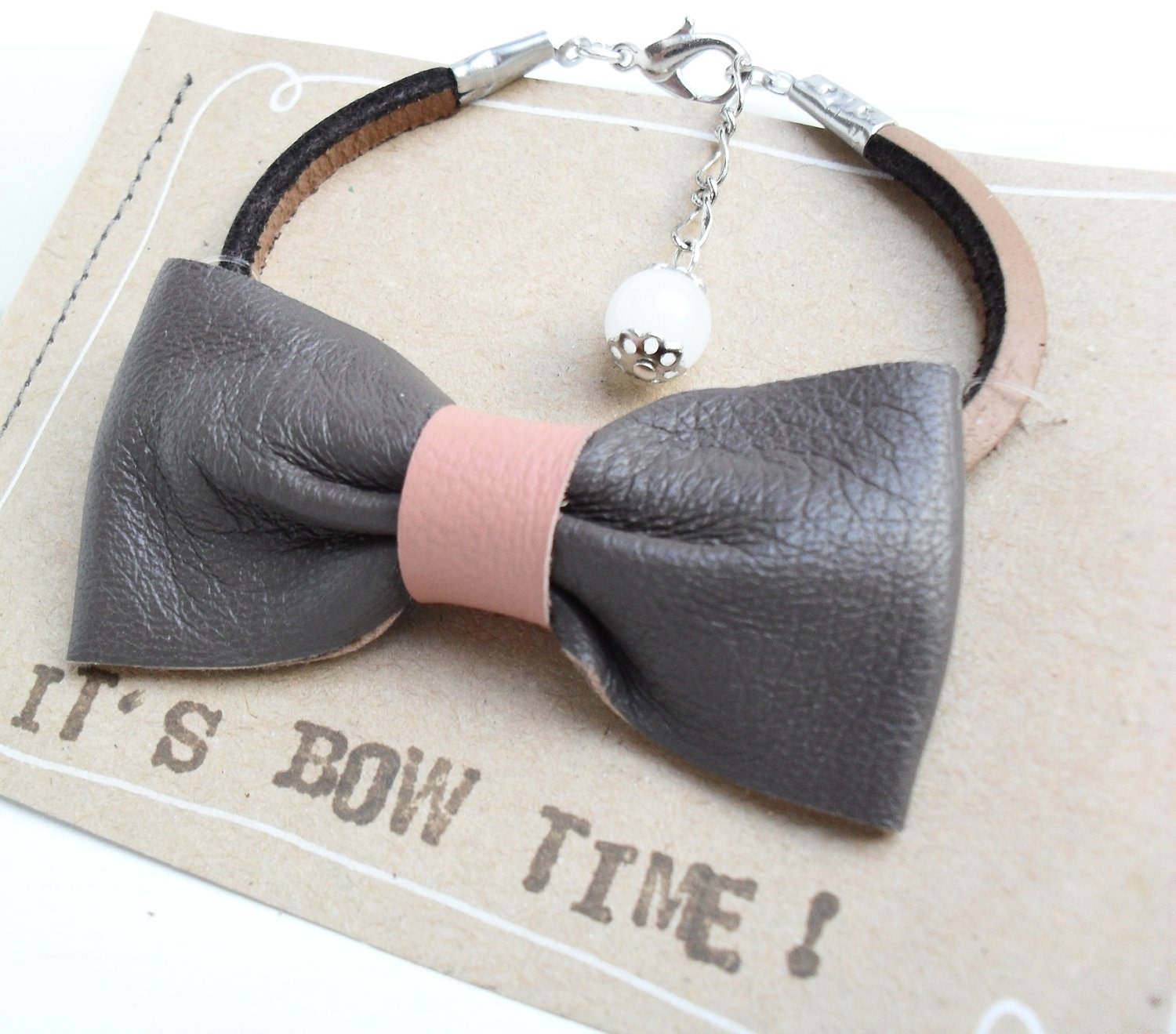 Brown bow bracelet with soft pink detail- Adjustable