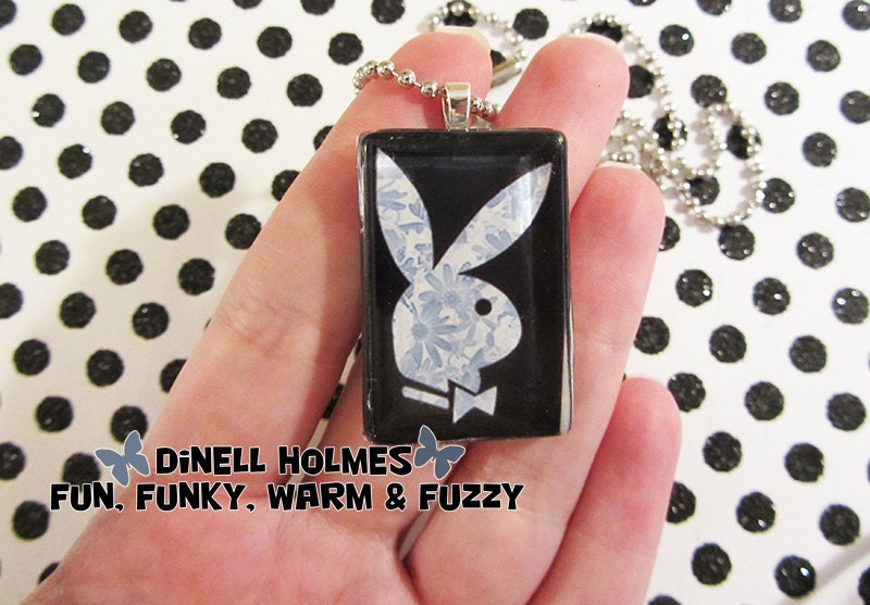 CLEARANCE SALE Playboy Bunny Glass Tile Pendant Blue Flowers Fun Handmade Jewelry