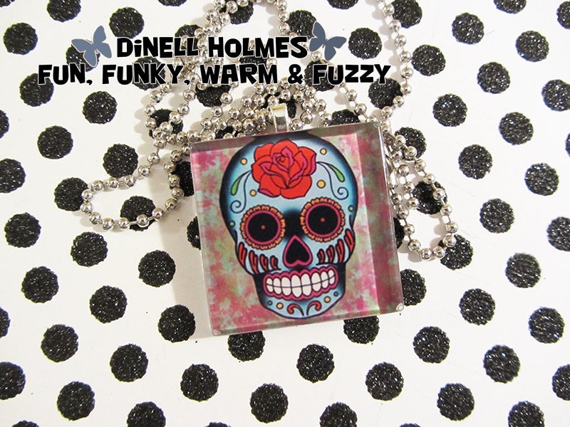 CLEARANCE SALE Day Of The Dead Sugar Skull Glass Tile Pendant Halloween Handmade Large Jewelry