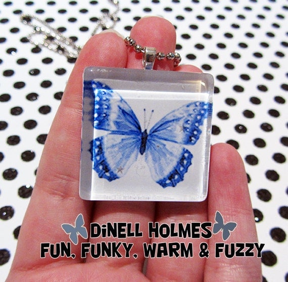 CLEARANCE SALE Blue Butterfly Glass Tile Pendant Summer Spring Jewelry Easter Nature Handmade