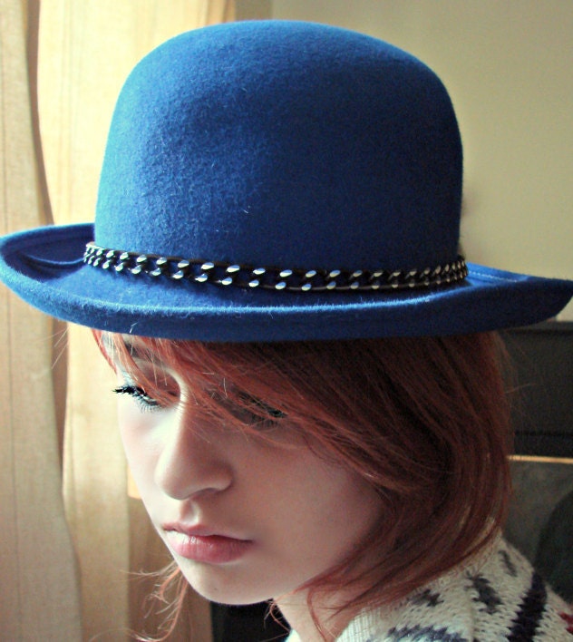 Vintage Blue Felt Durby Womans Brimmed Summer Hat Kates Boutique Designer Vintage 
