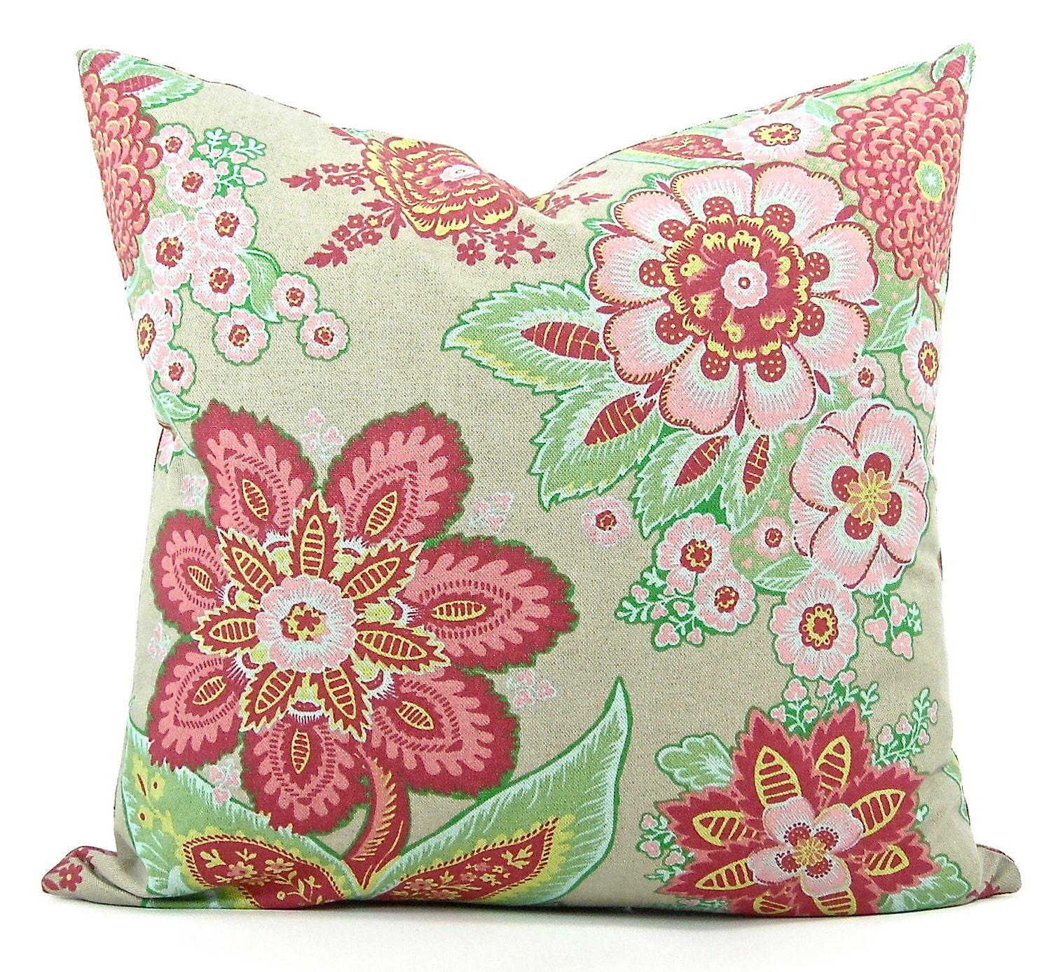 Designer Annie Selke "Shalini" Floral Fabric Both Sides Pillow Cover - Raspberry, Coral, Greens & Taupe - To Cover 20"x20" Pillow Form