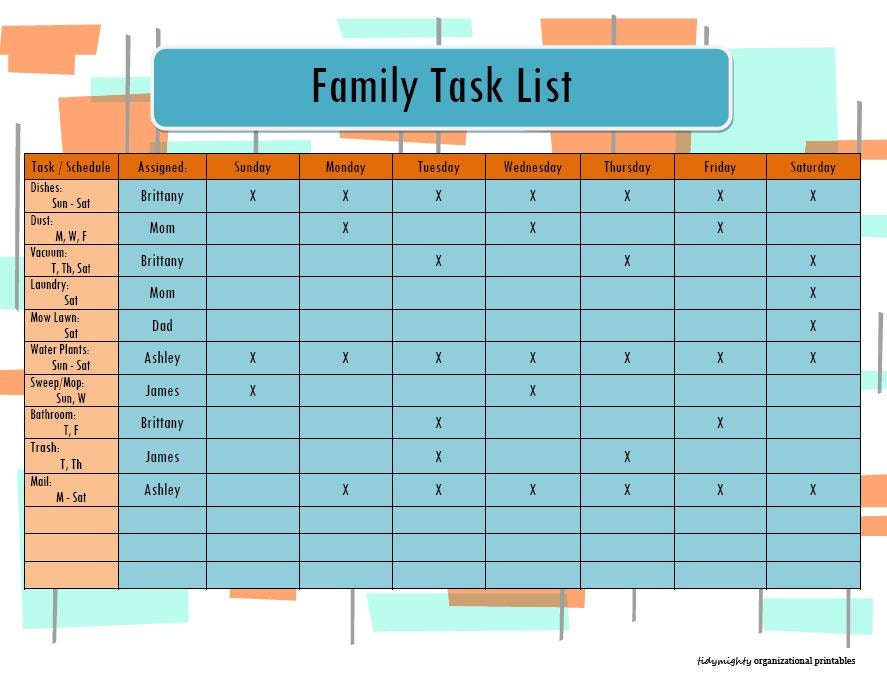 Family Task / Chores List / Calendar - Printable PDF (INSTANT DOWNLOAD)